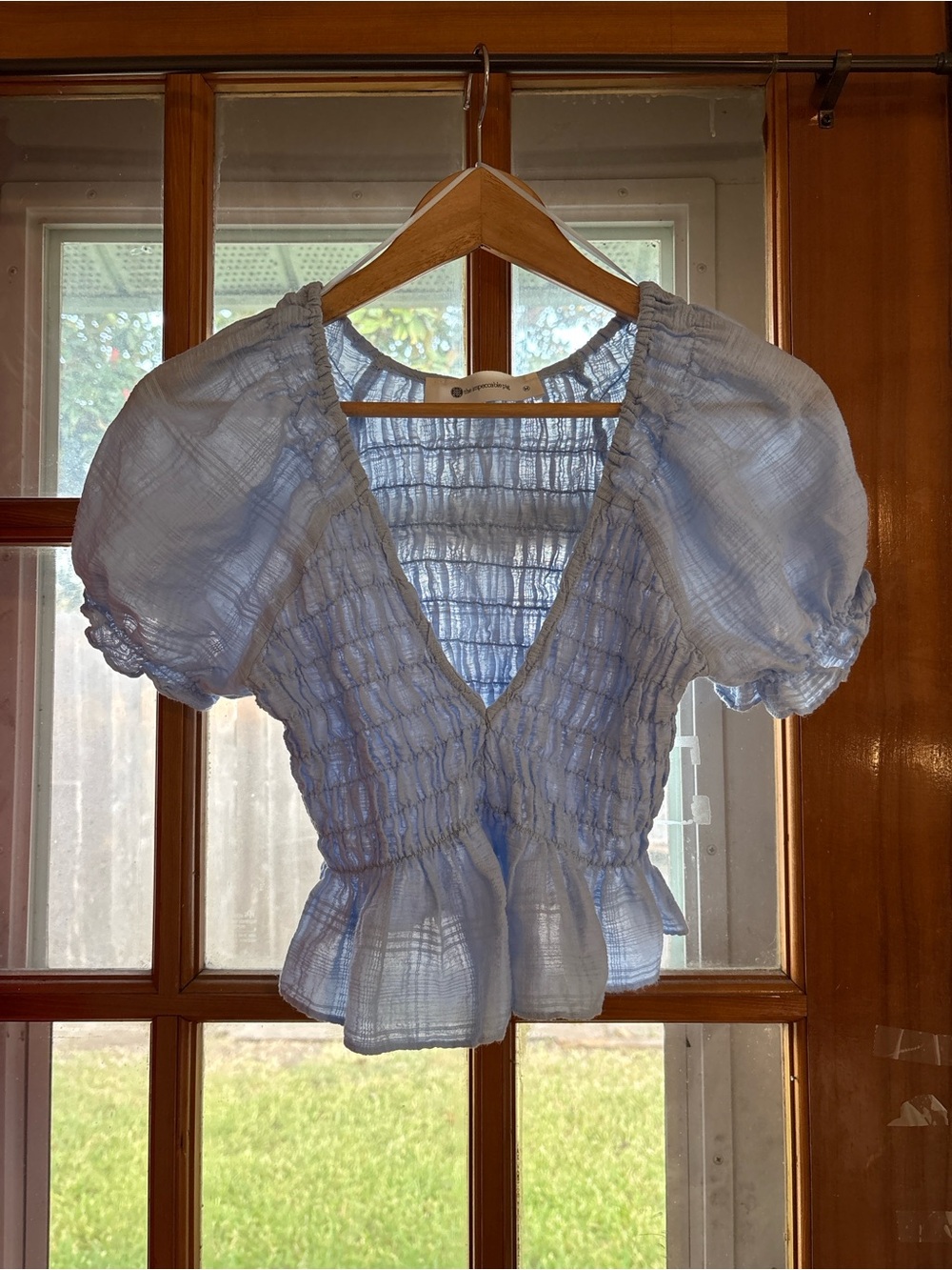 The Impeccable Pig Light Blue V-neck Smocked Cottagecore Romantic Prairie Top